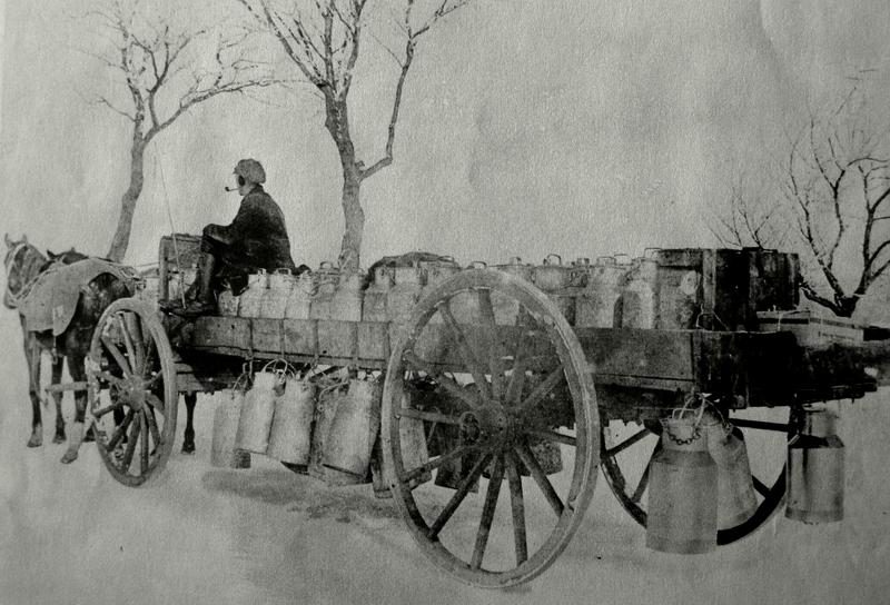 Milchkannenanlieferung mit dem Pferdewagen um 1930